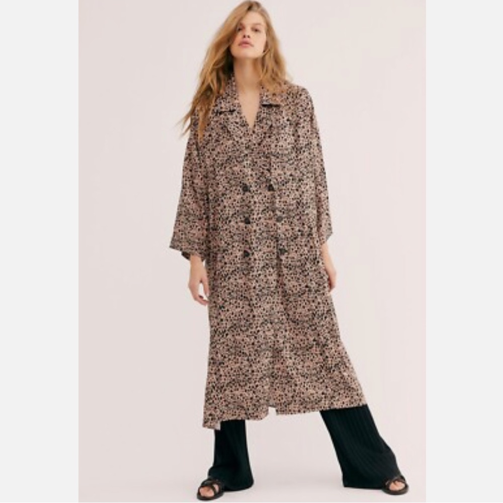 Free People Daria Maxi Shirt Dress Duster Jacket Animal Print Boho Retro Small